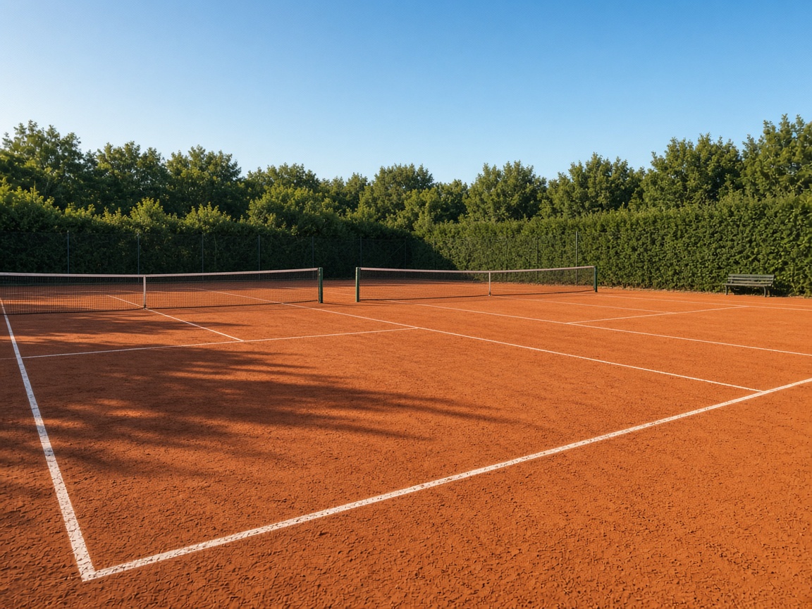 Sandplatz im Abendlicht mit Hecke und Netz