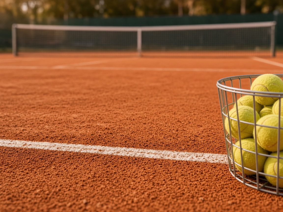 Sandplatz an der Grundlinie mit einem Korb Tennisbälle