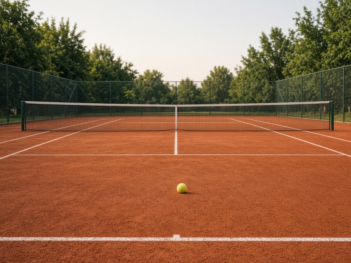 Roter Sandplatz mit Netz, Grundlinie und einem Tennisball
